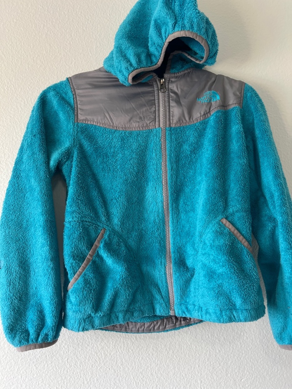 The North Face Teal and Gray Plush Hooded Fleece Jacket